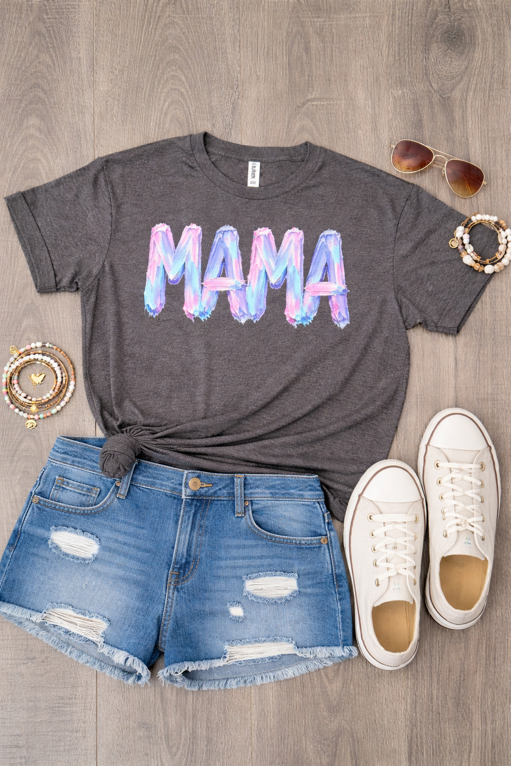 Charcoal Mama graphic tee with colorful brushstroke design. Trendy mom shirt perfect for everyday wear, casual outfits, and stylish moms.