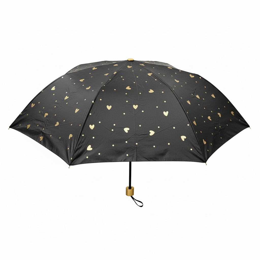 Black umbrella with gold heart patterns on a white background