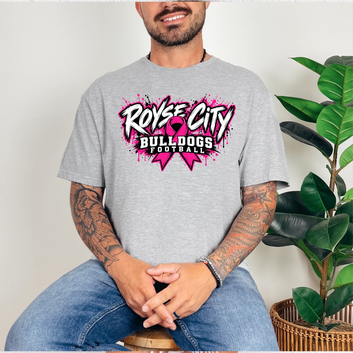 RCYSDL Pink Out Bulldogs Football tee men's mockup in Gildan Sport Grey