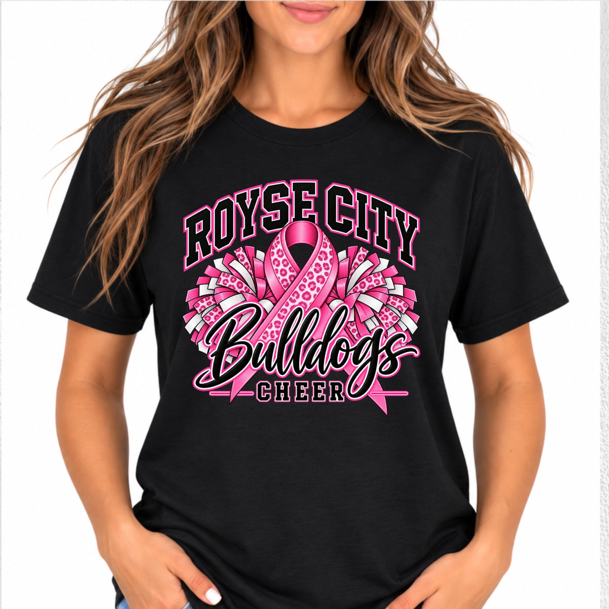 Royse City Bulldogs Cheer Pink Out shirt on black adult tee