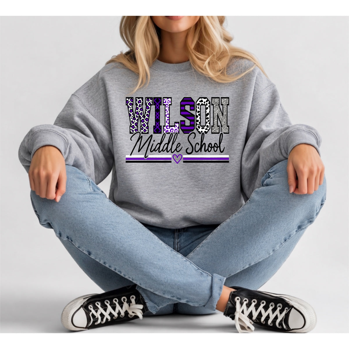 Wilson Middle School sweatshirt in Gildan Sport Grey, purple and black design