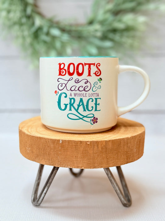 Boots Lace and Grace western Christian coffee mug with colorful country typography design