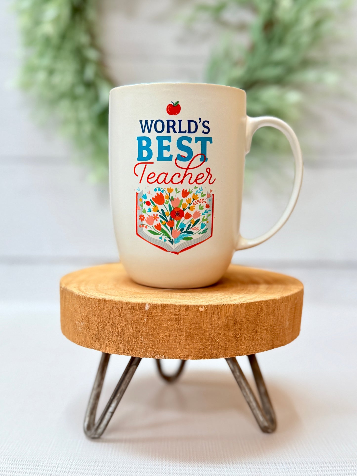 World’s Best Teacher ceramic coffee mug gift displayed on wooden stand