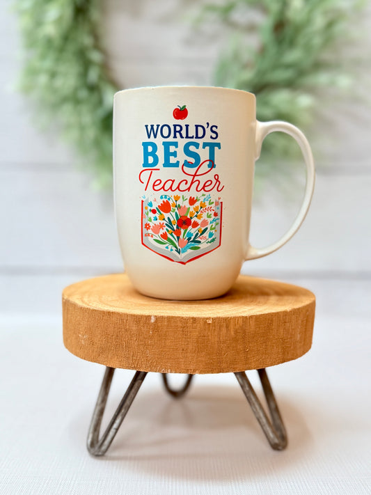 World’s Best Teacher ceramic coffee mug gift displayed on wooden stand