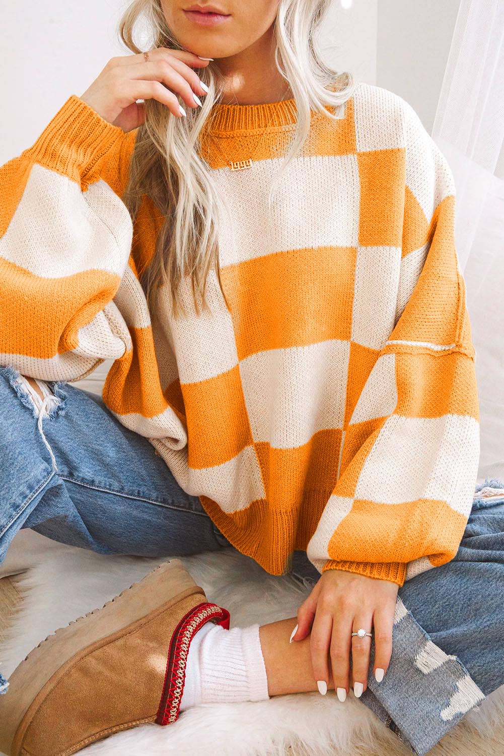Checkered Bishop Sleeve Sweater (S-XL)
