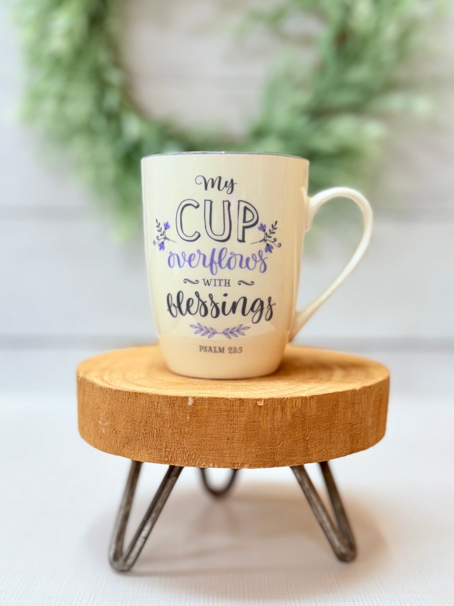 Christian coffee mug featuring “My Cup Overflows” Psalm 23:5 design in soft neutral tones