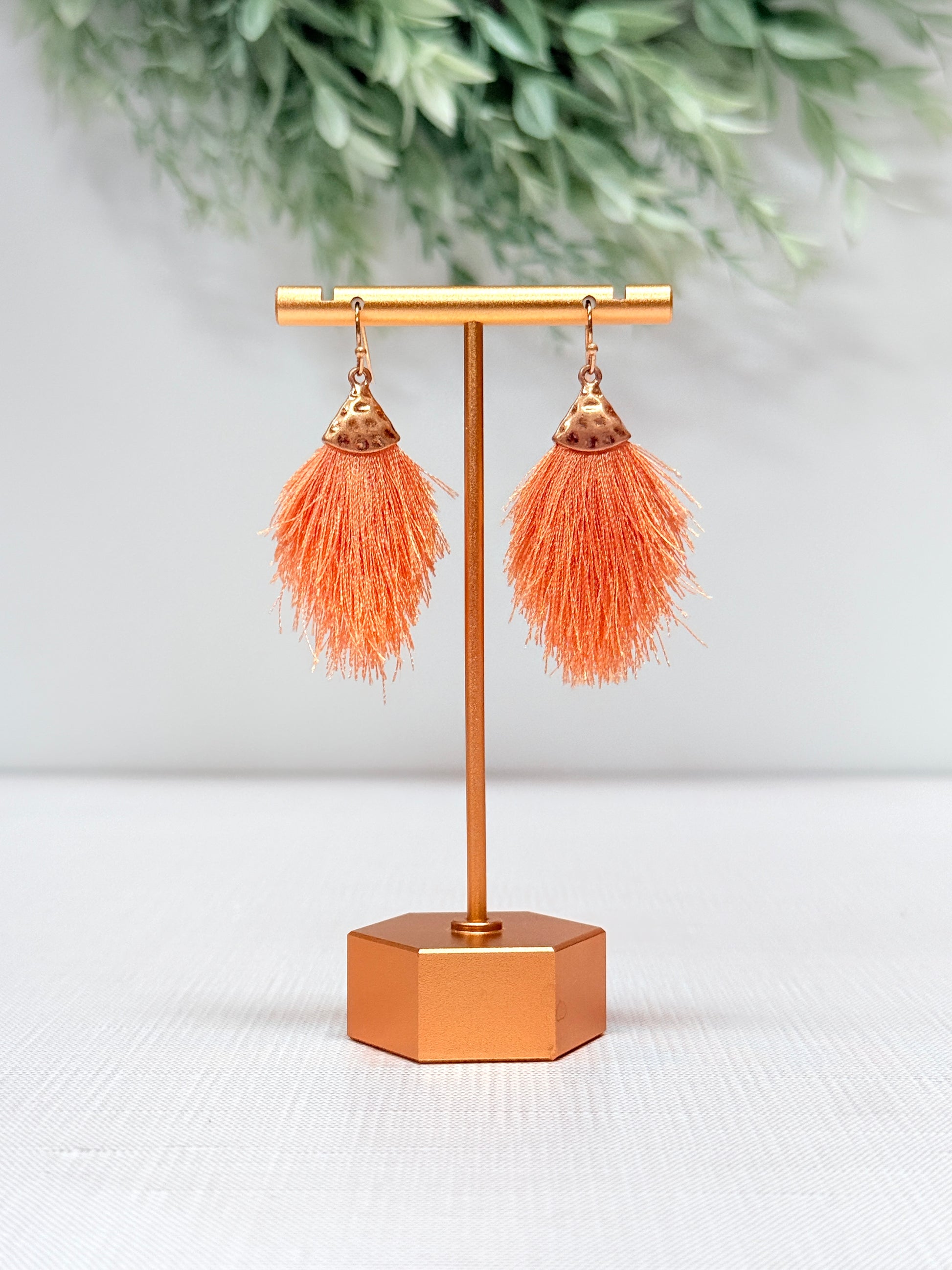 Hadley Fringe Earrings in peach with soft fringe and gold hardware