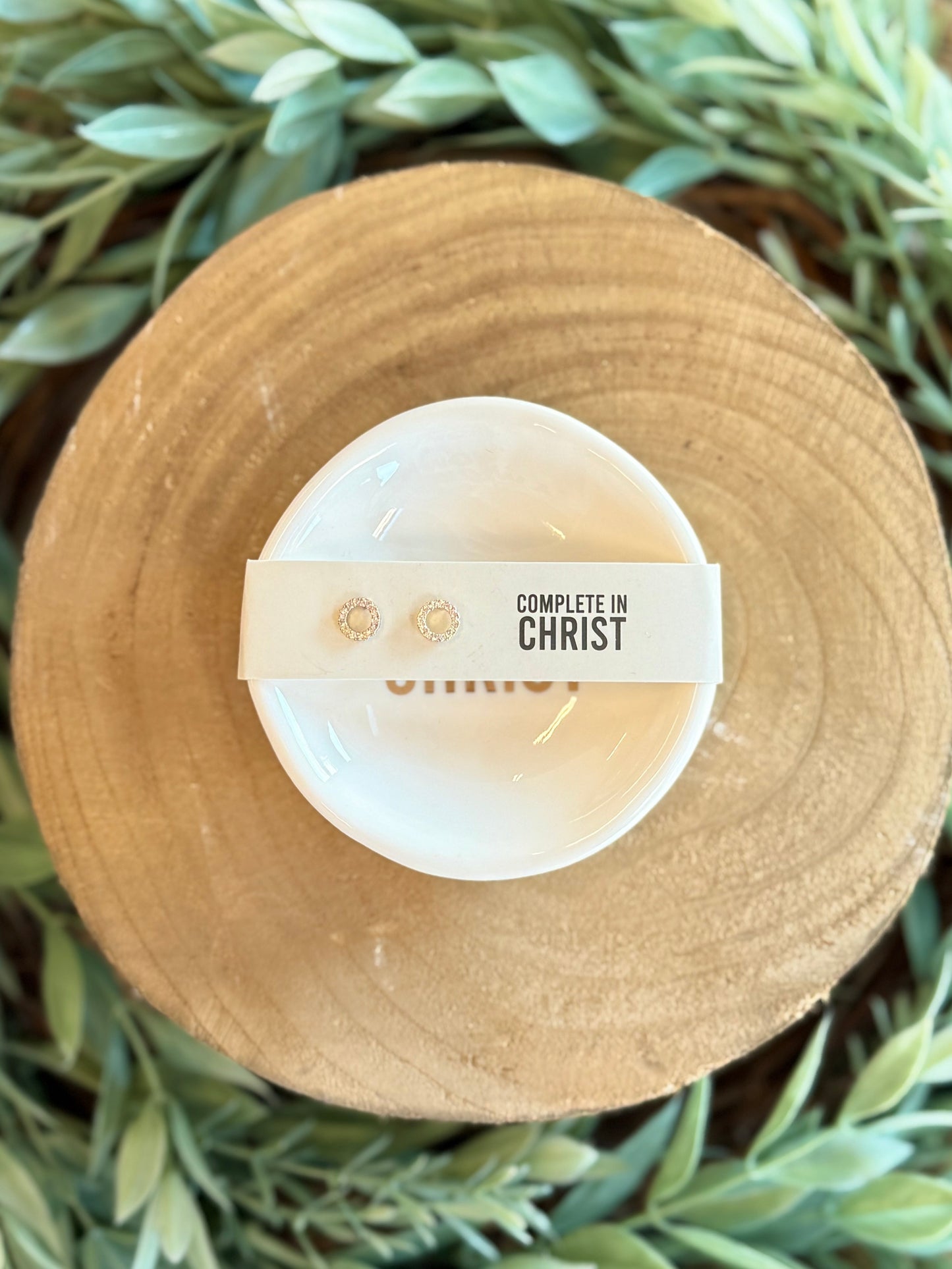 Complete in Christ stud earrings and engraved jewelry tray Christian gift set