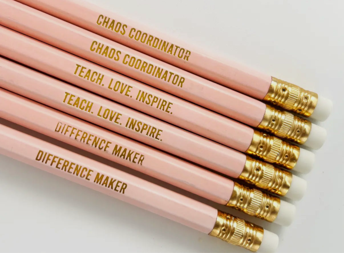 Teacher pencil set with inspirational and funny sayings like chaos coordinator and teach love inspire, perfect teacher gift