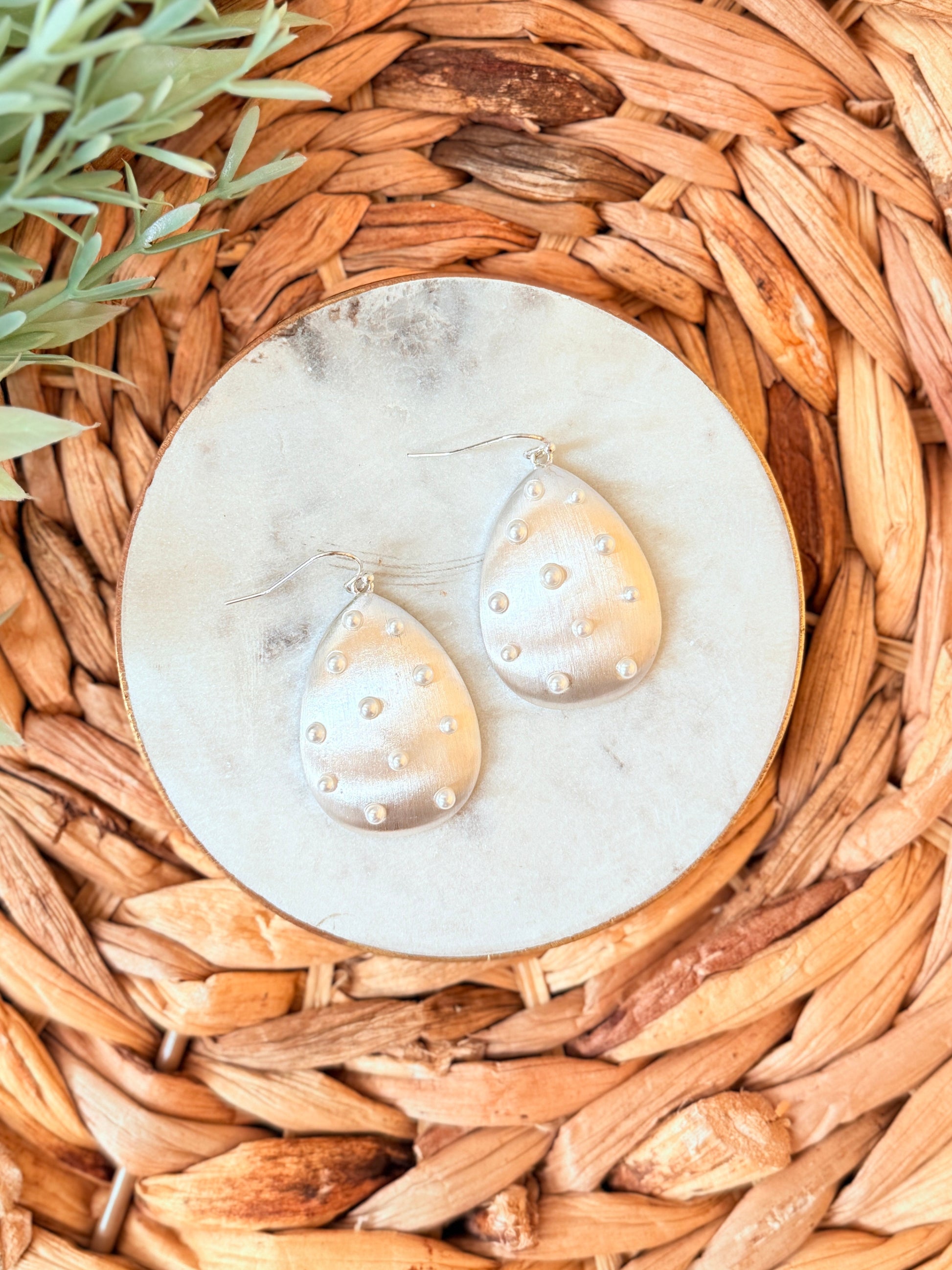 Daphne pearl drop earrings in brushed silver teardrop design lightweight elegant jewelry