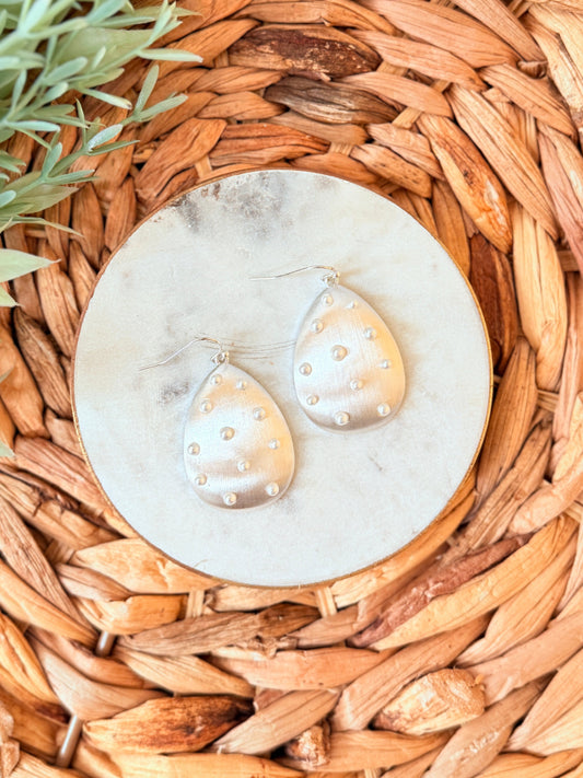 Daphne pearl drop earrings in brushed silver teardrop design lightweight elegant jewelry