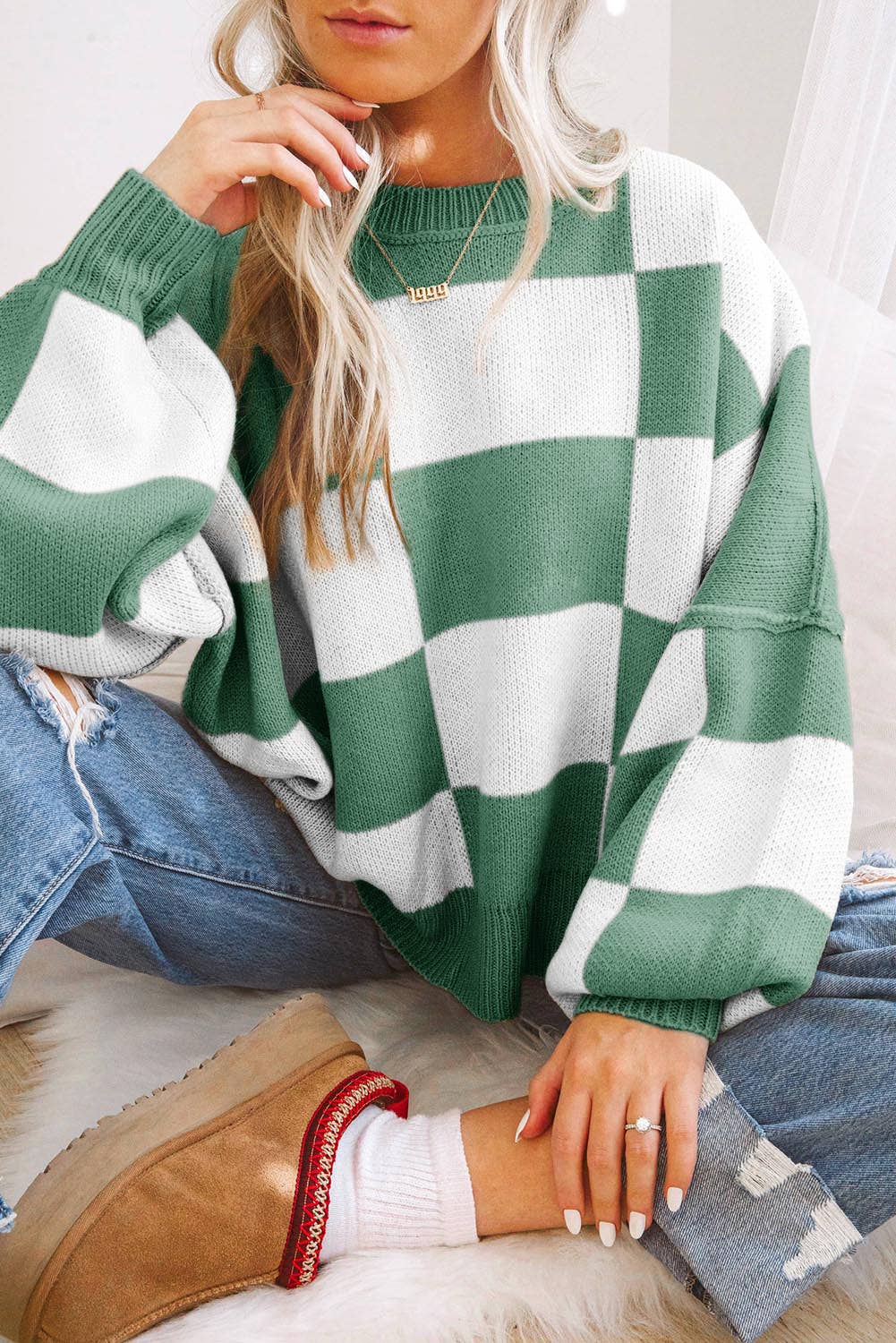 Checkered Bishop Sleeve Sweater (S-XL)