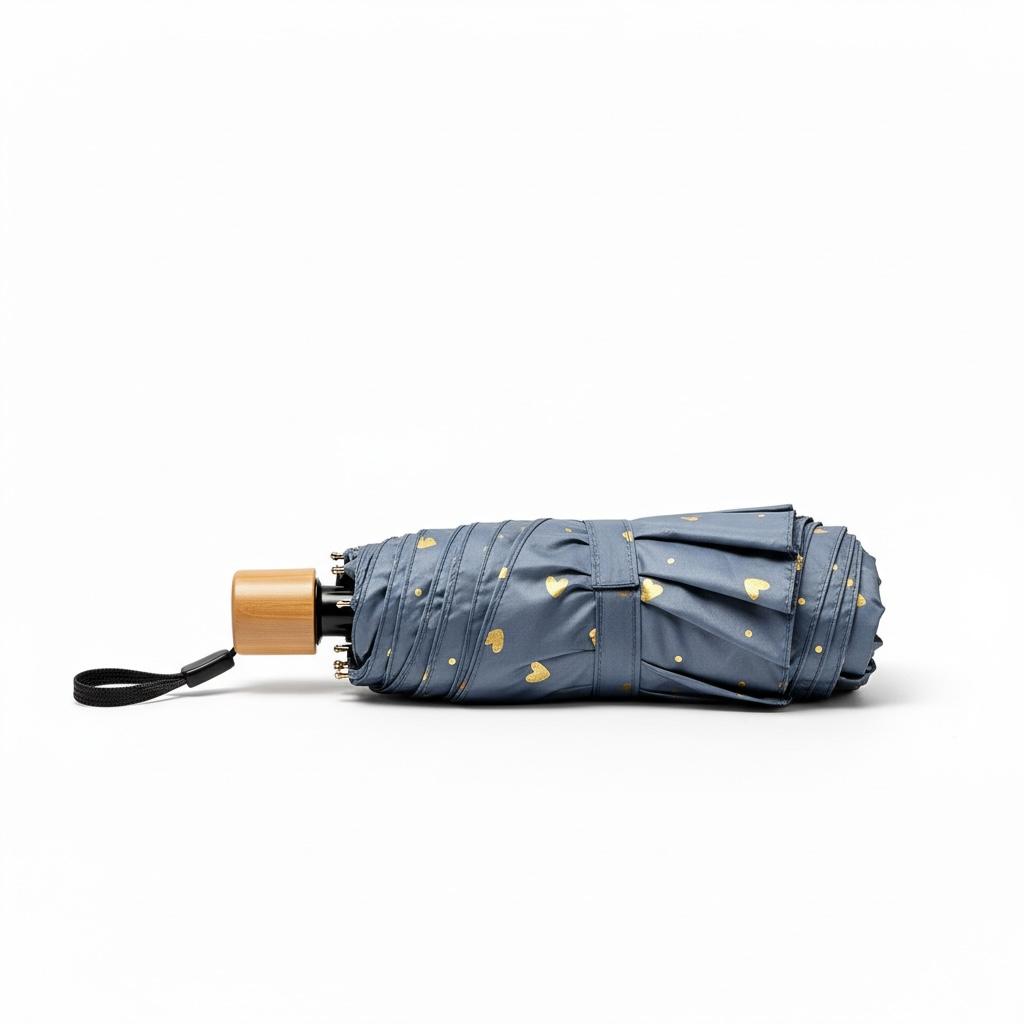 Foldable umbrella with gold handle on a white background