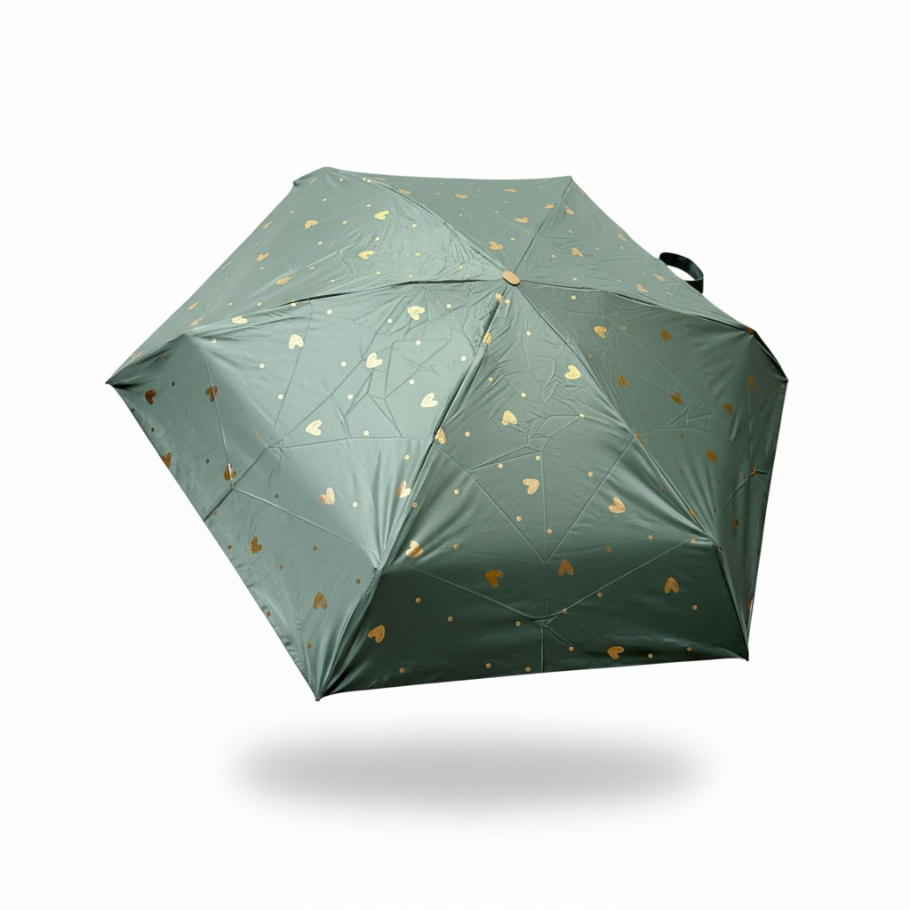 Green umbrella with gold heart patterns on a white background