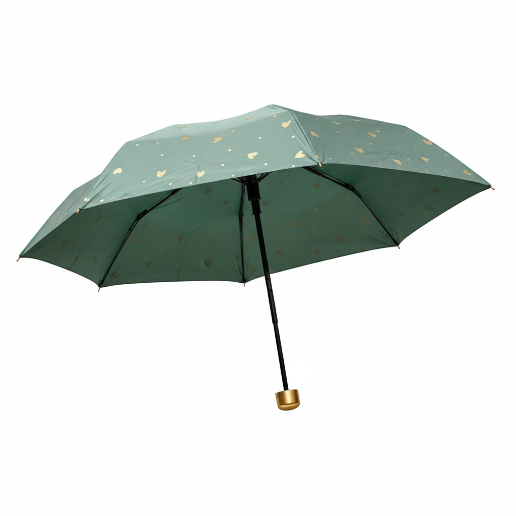Green umbrella with gold heart pattern on a white background