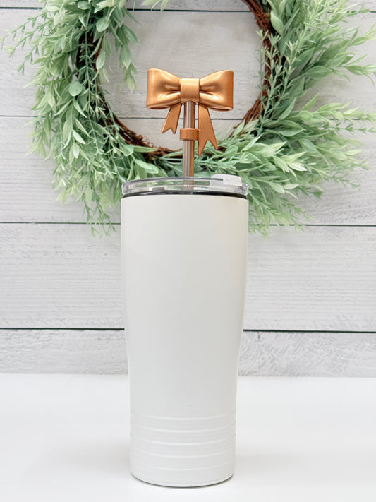 Gold coquette bow straw topper on tumbler, stylish drink accessory for cups and tumblers