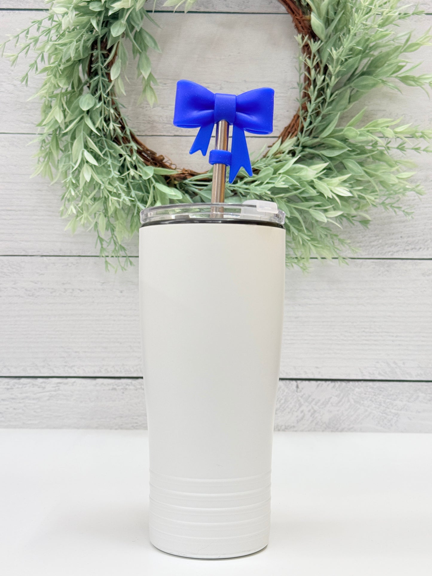 Blue coquette bow straw topper on tumbler, stylish drink accessory for cups and tumblers