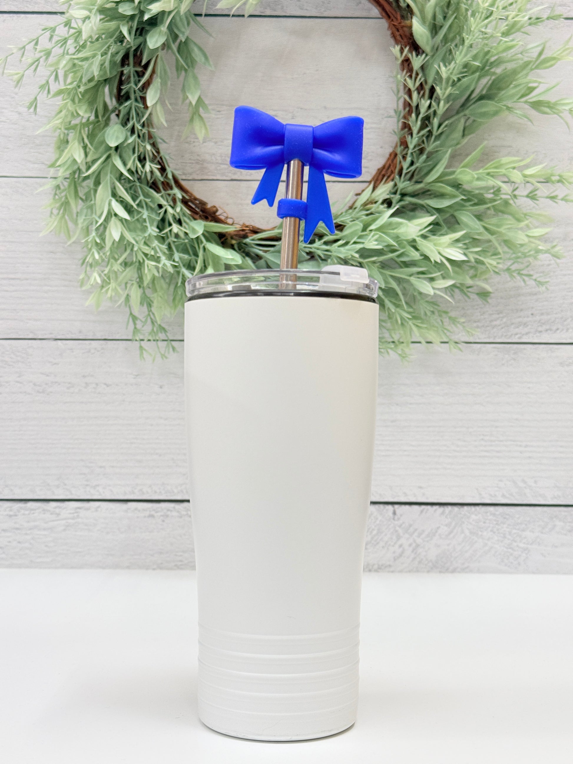 Blue coquette bow straw topper on tumbler, stylish drink accessory for cups and tumblers