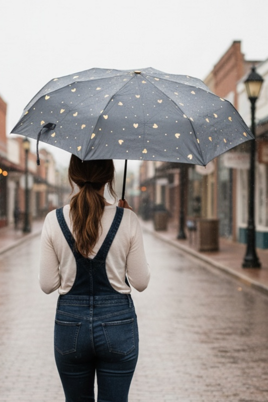 Person walking down a rain-soaked street with a blue umbrella with gold heart pattern