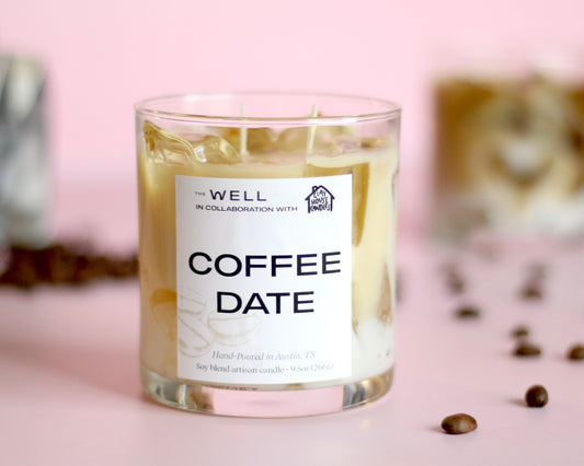 Coffee Date candle in glass jar with warm coffee-inspired scent