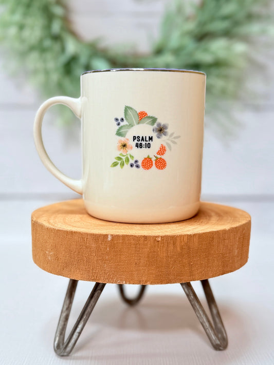 Be Still & Know purple floral Christian coffee mug
