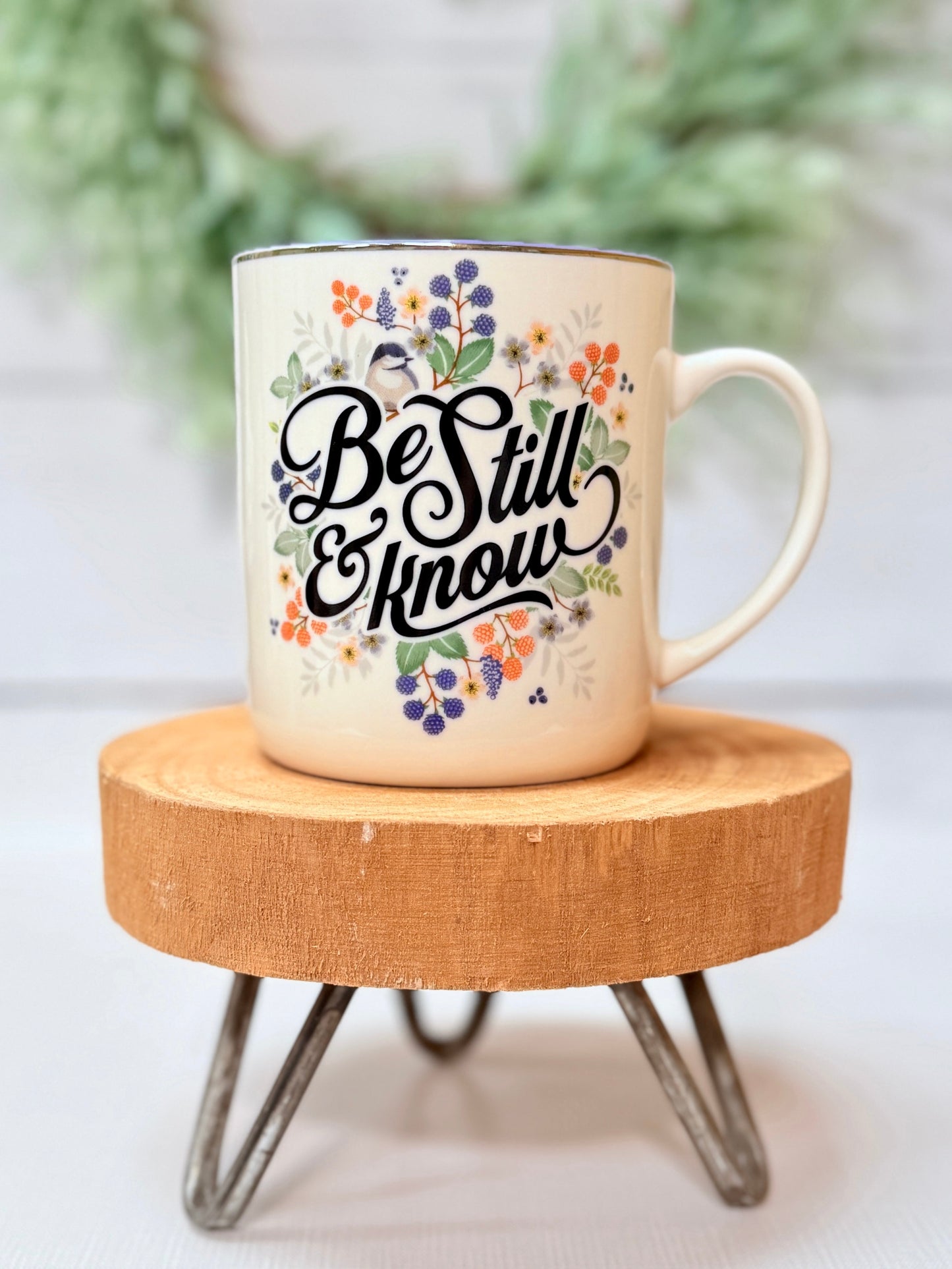 Be Still & Know purple floral Christian coffee mug
