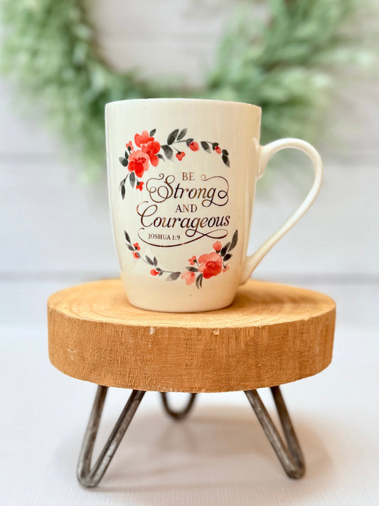 Be Strong & Courageous floral Christian coffee mug Joshua 1:9