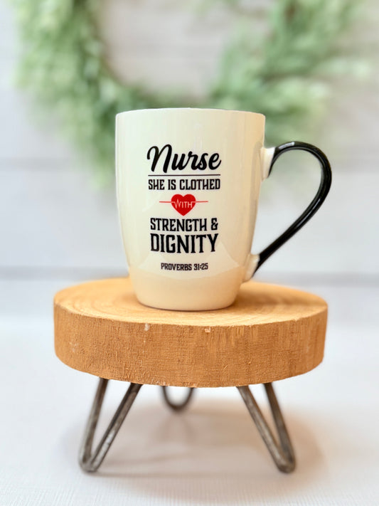 Ceramic nurse definition coffee mug gift for nurse displayed on wooden stand
