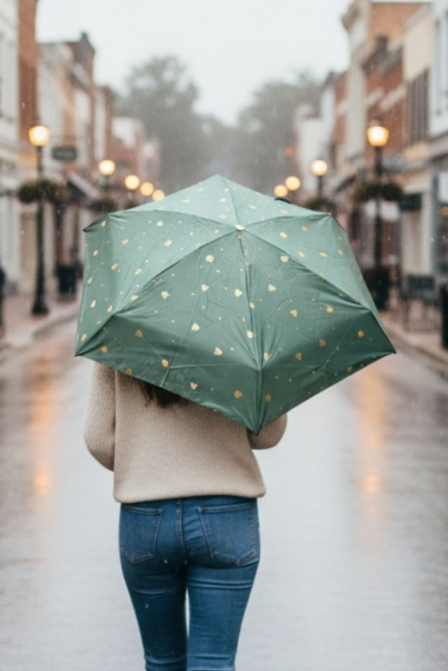 Green umbrella with heart print design open during rainy weather