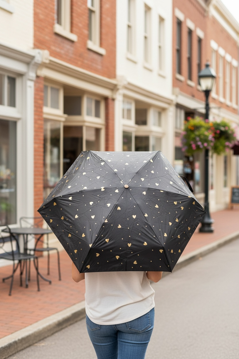 Black umbrella with gold heart print open on city street