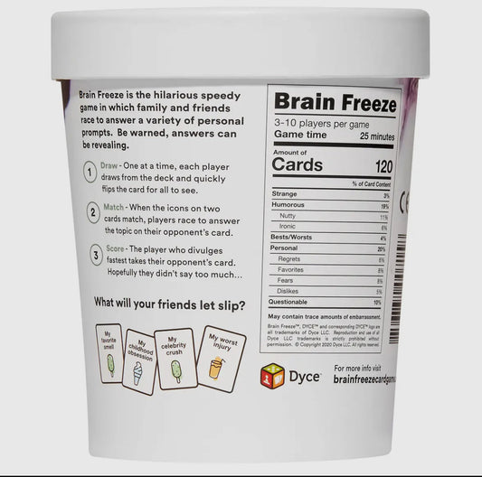 Container of 'Brain Freeze' game with instructions and graphics on a white background