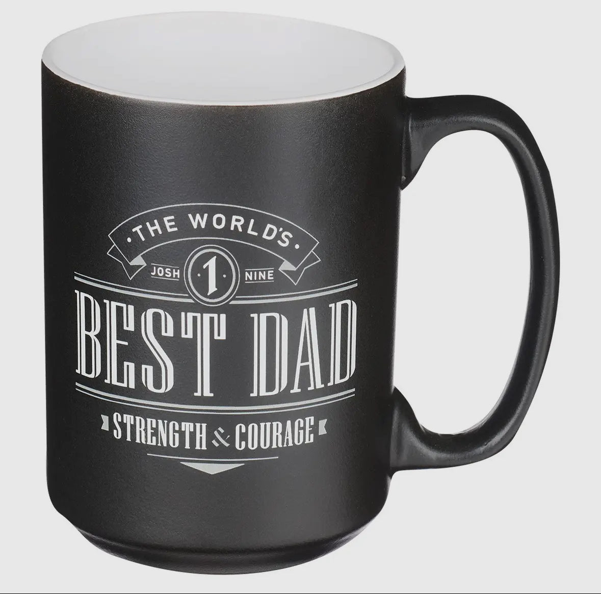 Black 15oz ceramic coffee mug with white vintage typography design reading “World’s Best Dad”