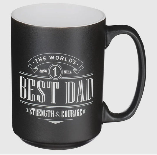 Black 15oz ceramic coffee mug with white vintage typography design reading “World’s Best Dad”