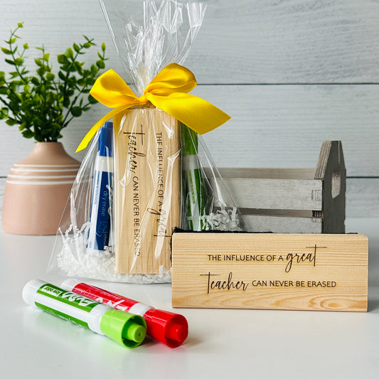 Eraser and marker gift set engraved with, “The influence of a great teacher can’t be erased.”