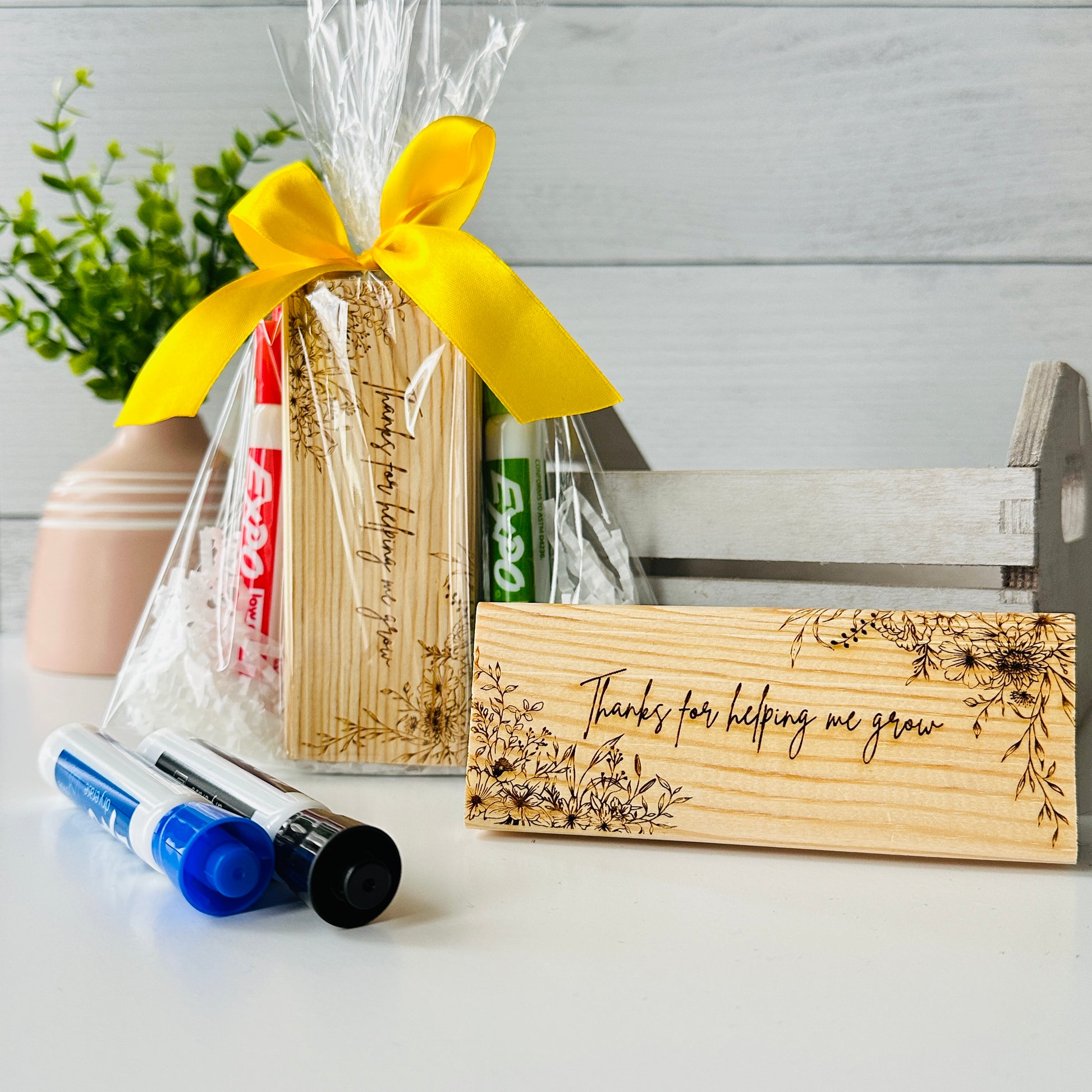 Floral eraser and marker gift set engraved with, “Thank you for helping me grow.”