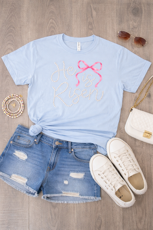 He Is Risen Pearl Script Tee