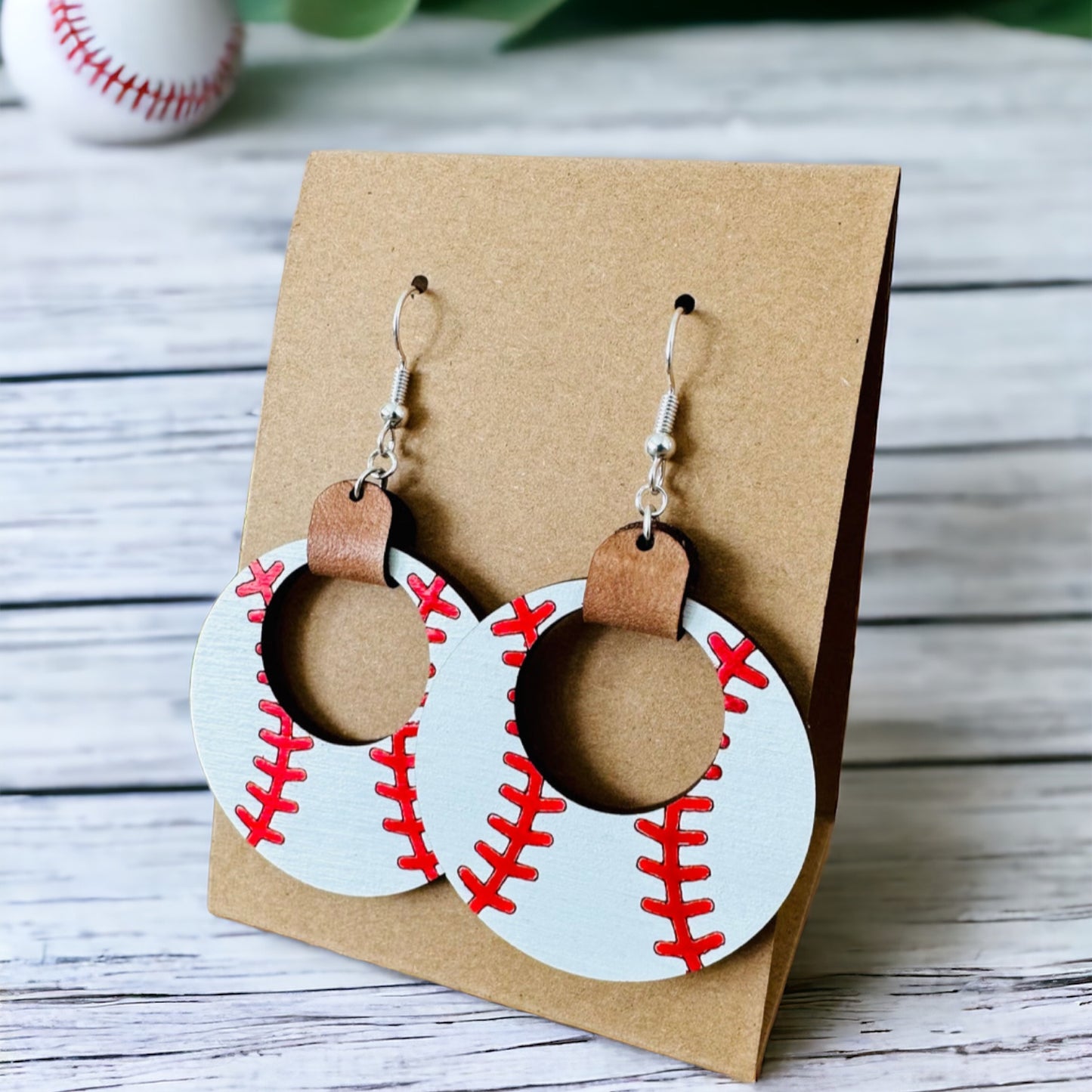 Baseball Hoop Earrings • Wood and Leather