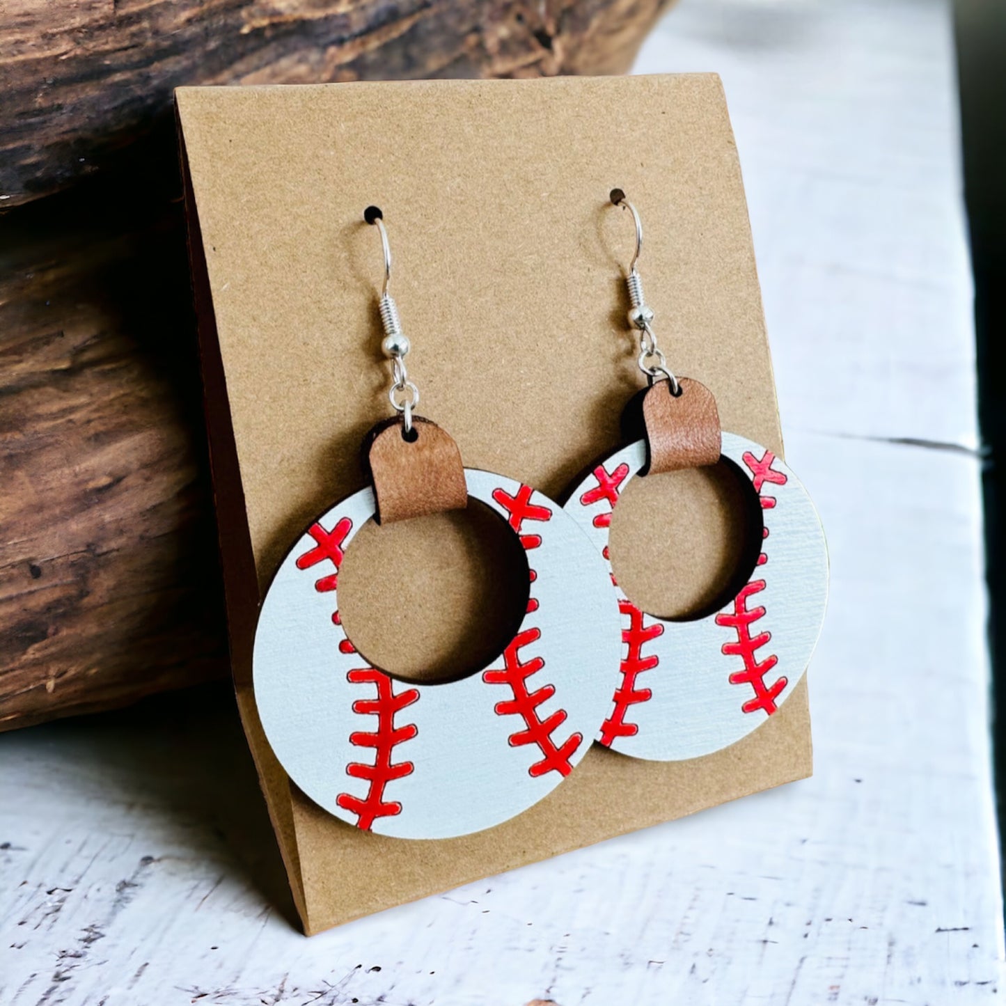 Baseball Hoop Earrings • Wood and Leather