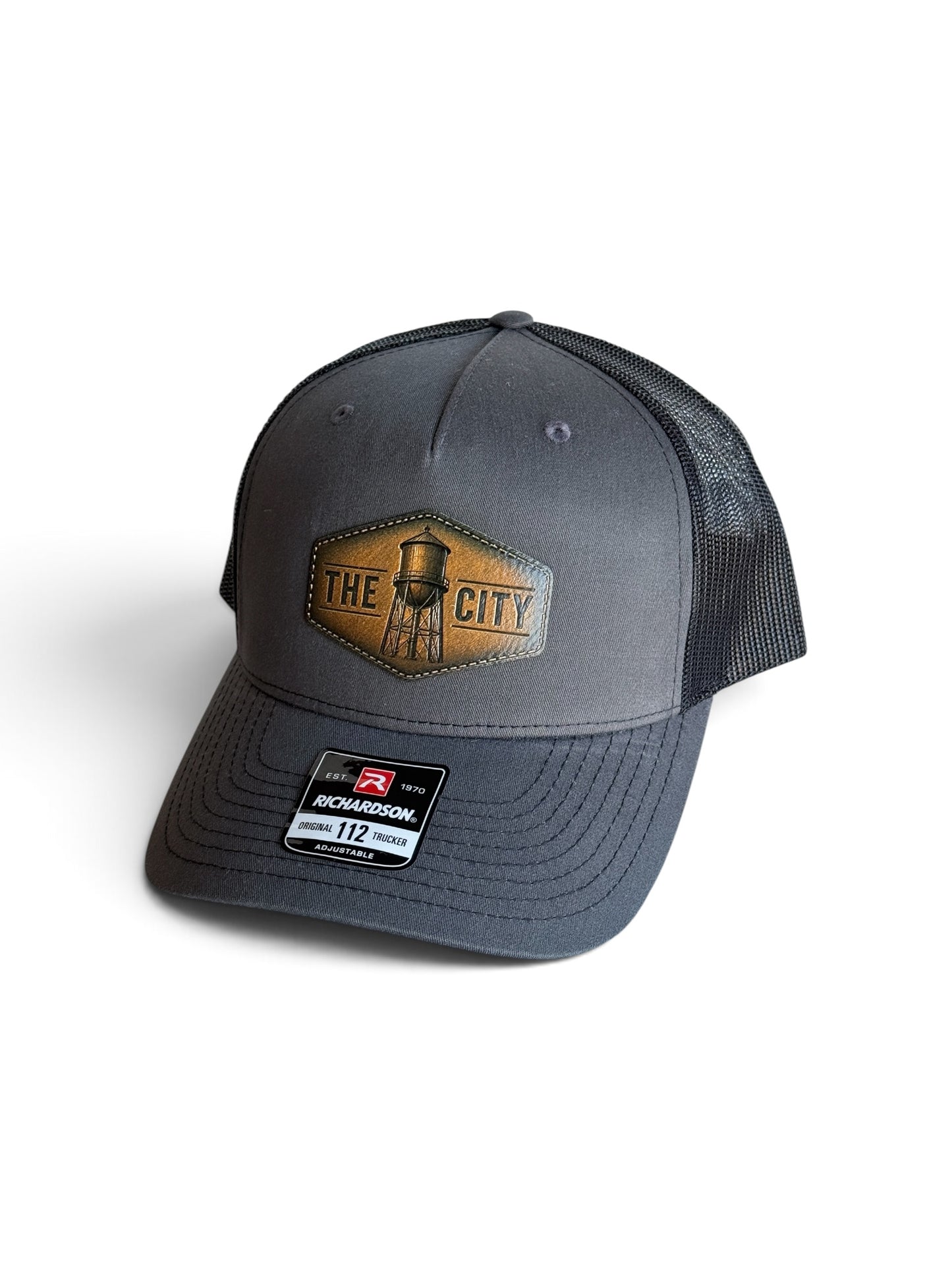 The City Water Tower Leather Patch Trucker Hat| Charcoal & Black