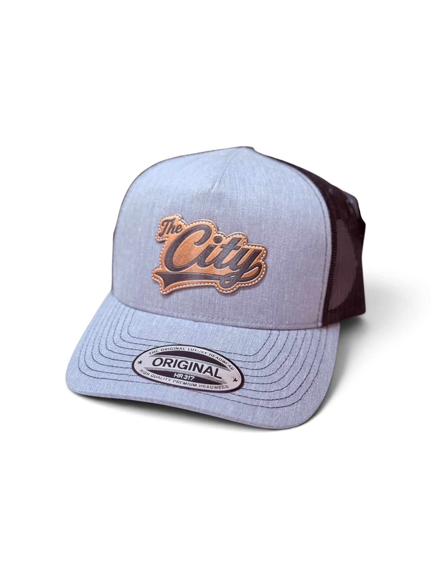The City Script Leather Patch Trucker Hat | Heather Gray & Black