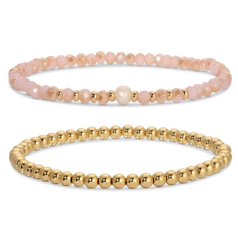 peach beaded pearl bracelet set with gold accents stretch stackable jewelry