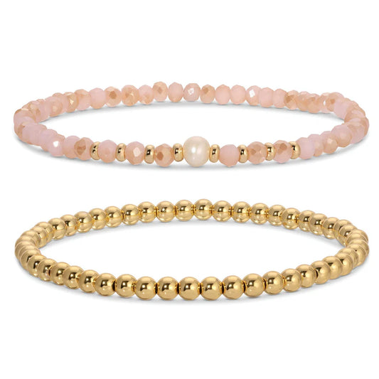peach beaded pearl bracelet set with gold accents stretch stackable jewelry
