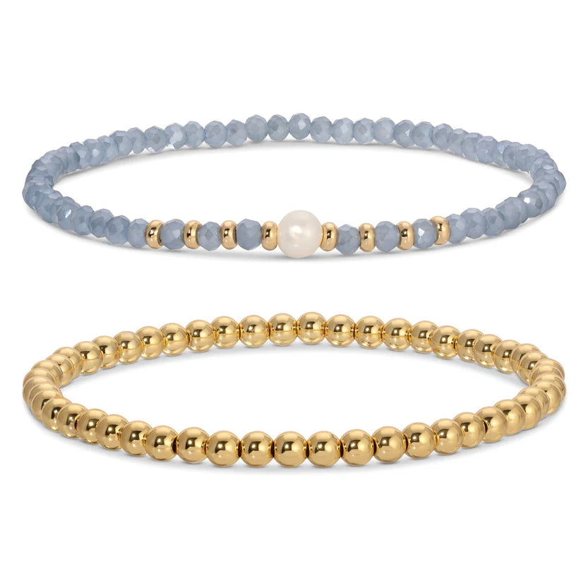 periwinkle beaded pearl bracelet set with gold accents stretch stackable jewelry