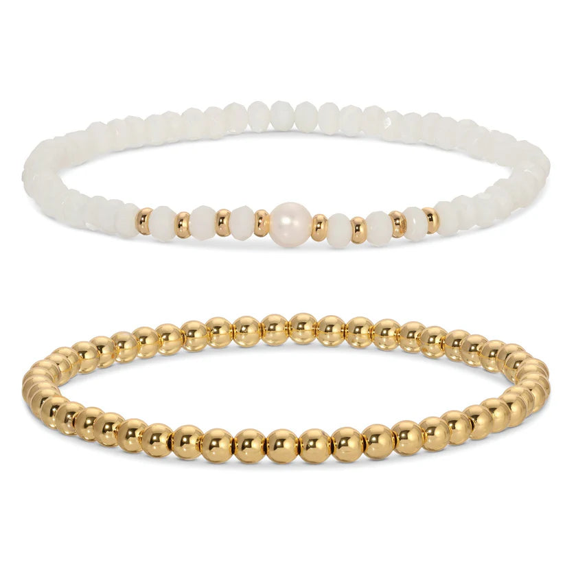 white beaded pearl bracelet set with gold accents stretch stackable jewelry