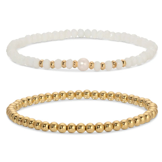 white beaded pearl bracelet set with gold accents stretch stackable jewelry