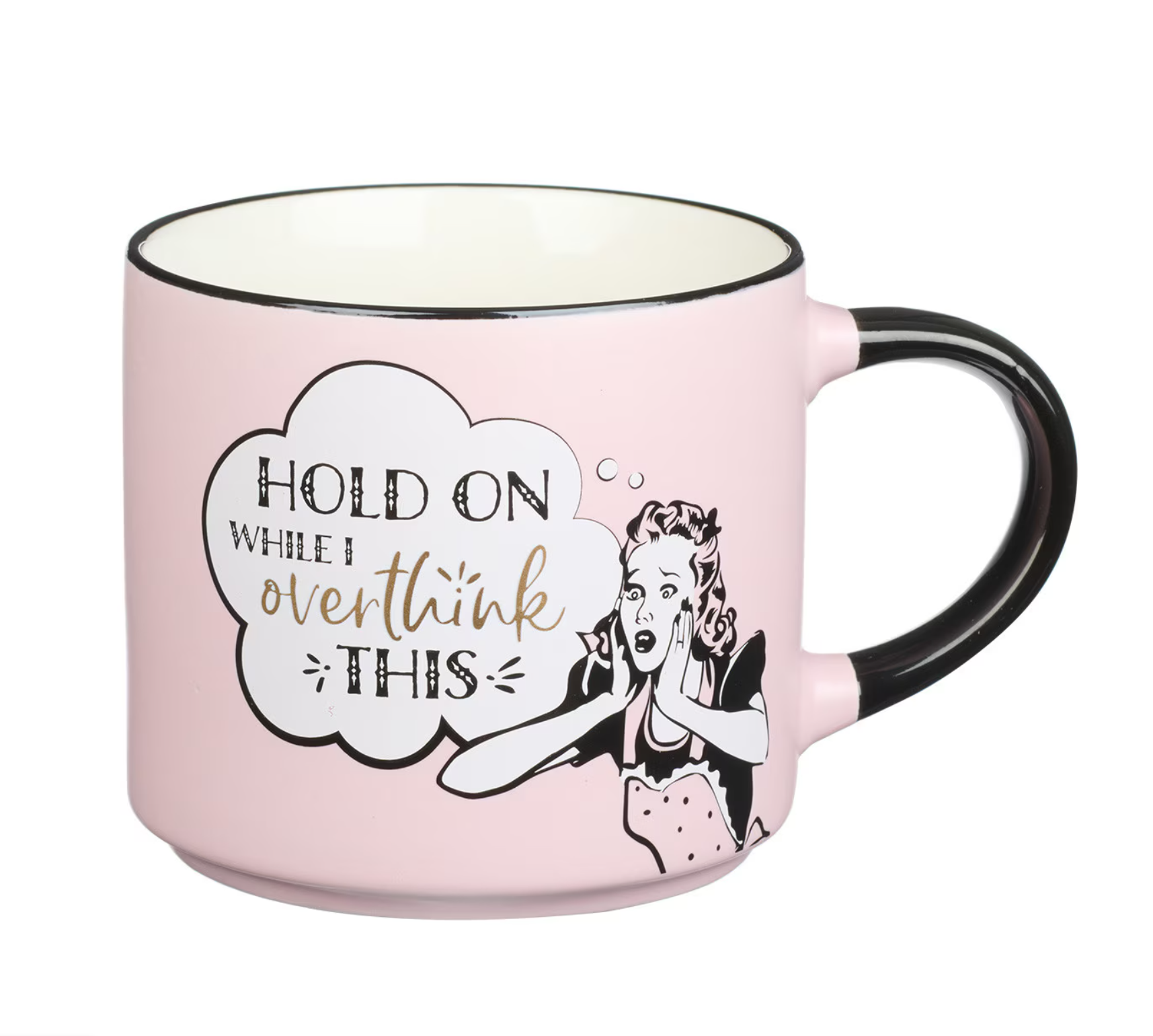 Overthink This pink retro ceramic coffee mug with black handle and rim