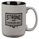 Strong and Courageous Dad gray ceramic coffee mug with lion design and Joshua 1:9 Scripture