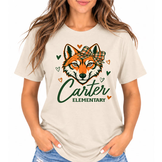 Carter Elementary plaid bow coyote graphic Gildan Softstyle tee