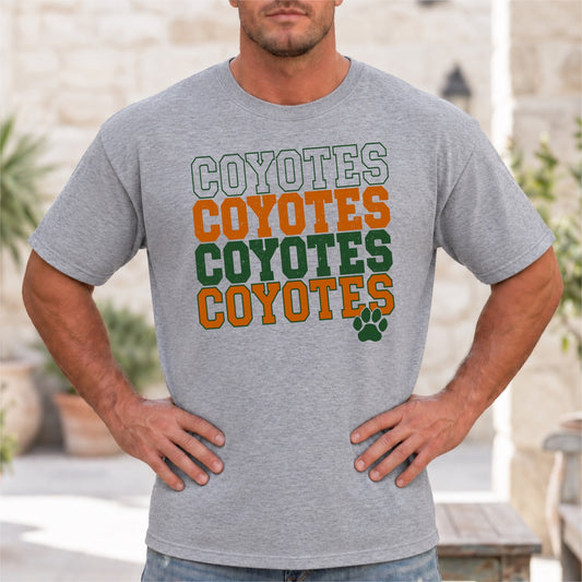 Sport gray unisex Carter Coyotes tee with angled orange and green varsity lettering