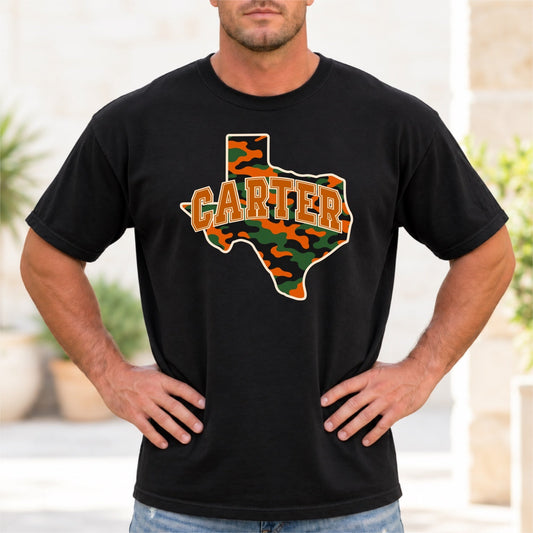Black Carter Texas camo shirt with cream-outlined Texas shape and orange CARTER lettering